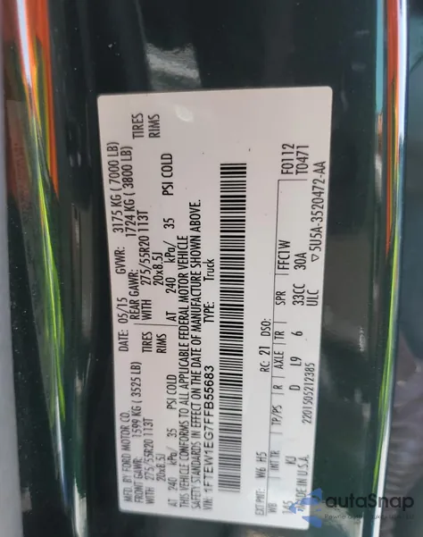 2015 Ford F150 Supercrew z USA, uszkodzony, nr VIN 1FTEW1EG7FFB55683